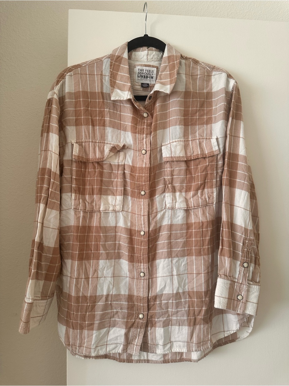 American Eagle Outfitters Beige & White Plaid Button-Down Shirt